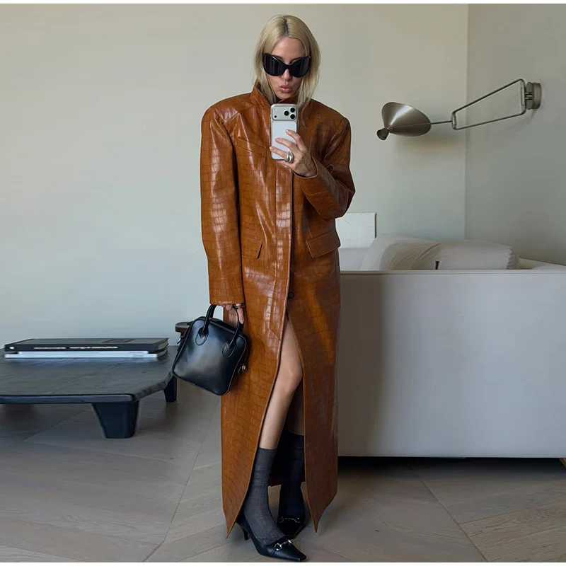 Crocodile Embossed Trench Coat Lapel Collar Button‑Front 2026 Autumn Women Vintage Outerwear Trendy Lady Casual Overcoat