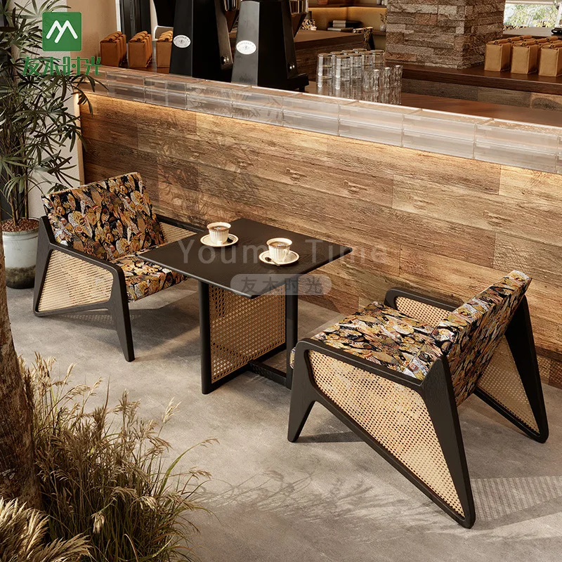 New Chinese teahouse tables and chairs coffee shop tea shop tables and chairs catering shop sofa rattan commercial solid wood ta