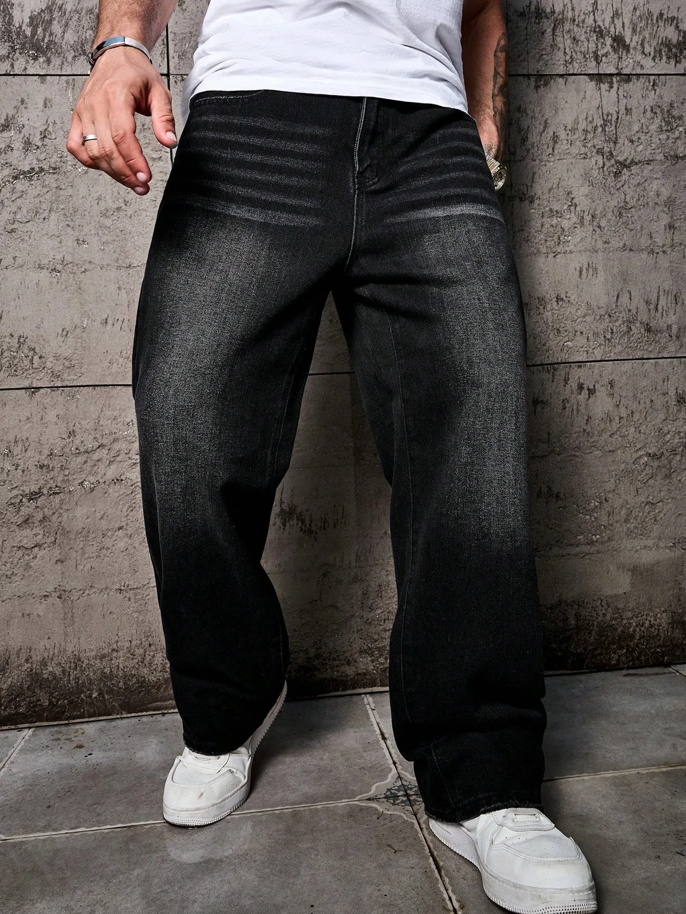1 قطعة جينز مستقيم مريح للرجال باللون الأسود مغسول وفضفاض وواسع الساق، هدية مثالية للزوج والصديق #1