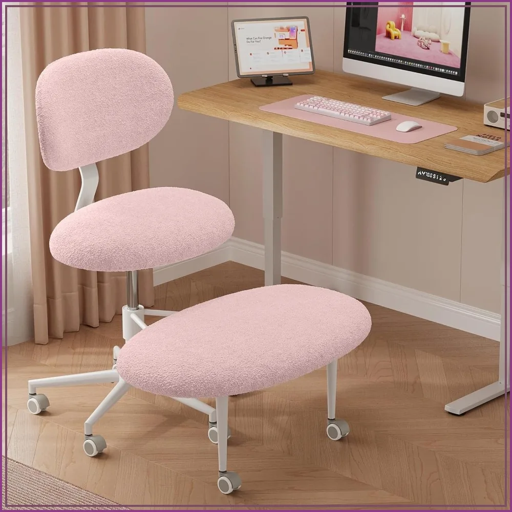 Ergonomic Cross Legged Office Chair w/ Wheels, ADHD Chair, Meditation Yoga Chair, Adjustable, Teddy Fabric Pink