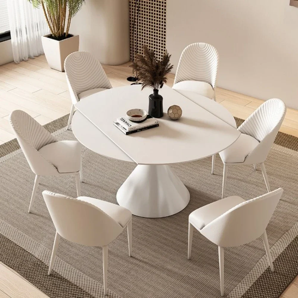 Cream style pure white matte rock panel dining table with rotating, telescopic, folding Waltz dining table, square and round dua