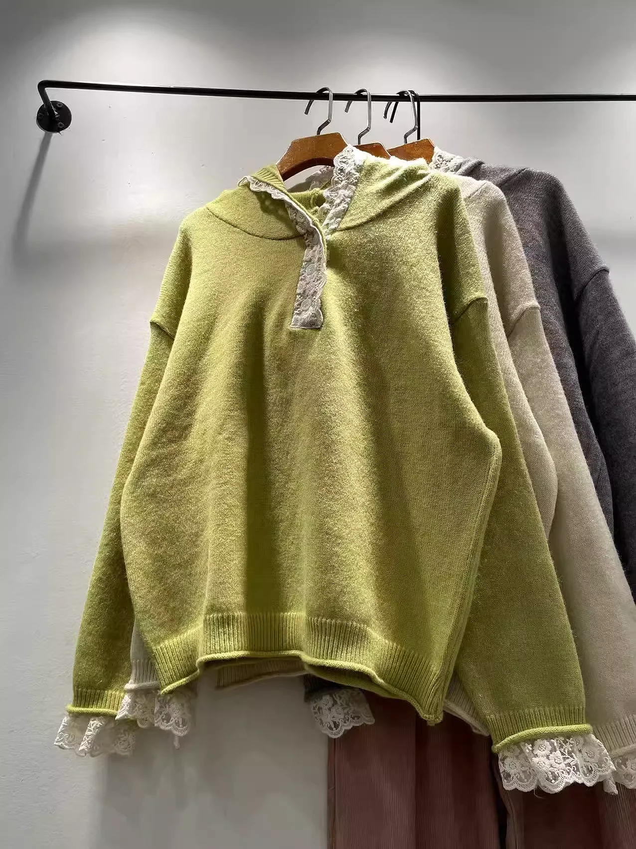 

2026 оригинальный женский свитер с капюшоном Mori Girl в японском стиле, кружевной лоскутный зеленый, бежевый, серый вязаный пуловер, вязаные женские толстовки