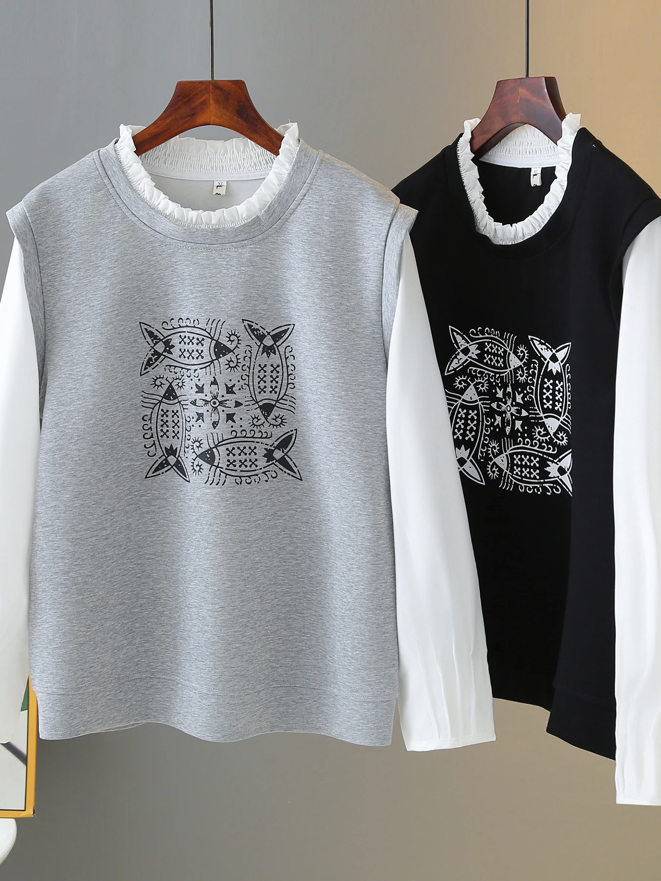 

Loose Long Sleeve Fish Print Sweatshirt Women's Ruffle Collar Splice Design Casual Style Spring Top plus Size Fashion