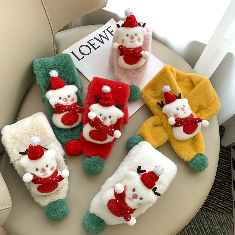 

2-6Y Warm and Comfortable Winter Christmas Deer Cartoon Pom Pom Scarves Red Green Baby Fluff Children's Scarf