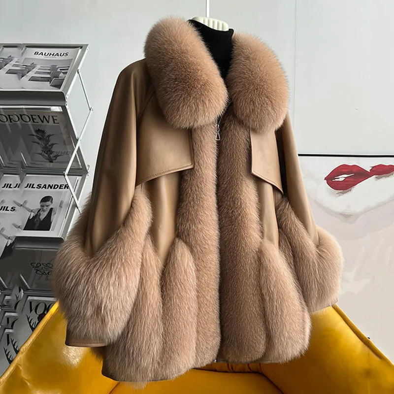 Casaco de imitação de pele de raposa feminino, Jaqueta quente, Parka grossa com neve, Casacos, Cáqui, Fêmea, Frio, Fofo, Outono, Inverno, Novo