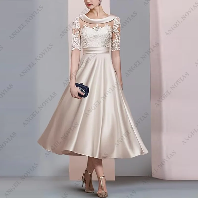 

Tea Length Champagne Mother of the Bride Dress with Half Sleeve Wedding Party Gowns vestidos de fiesta elegantes 2024 para boda