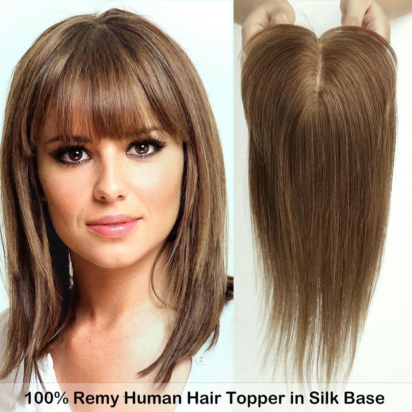 100% Remy Human Hair Toppers with Bangs Honey Brown Hair Pieces for Women Silk Base Clip In Topper for Thinning Hair Loss Cover