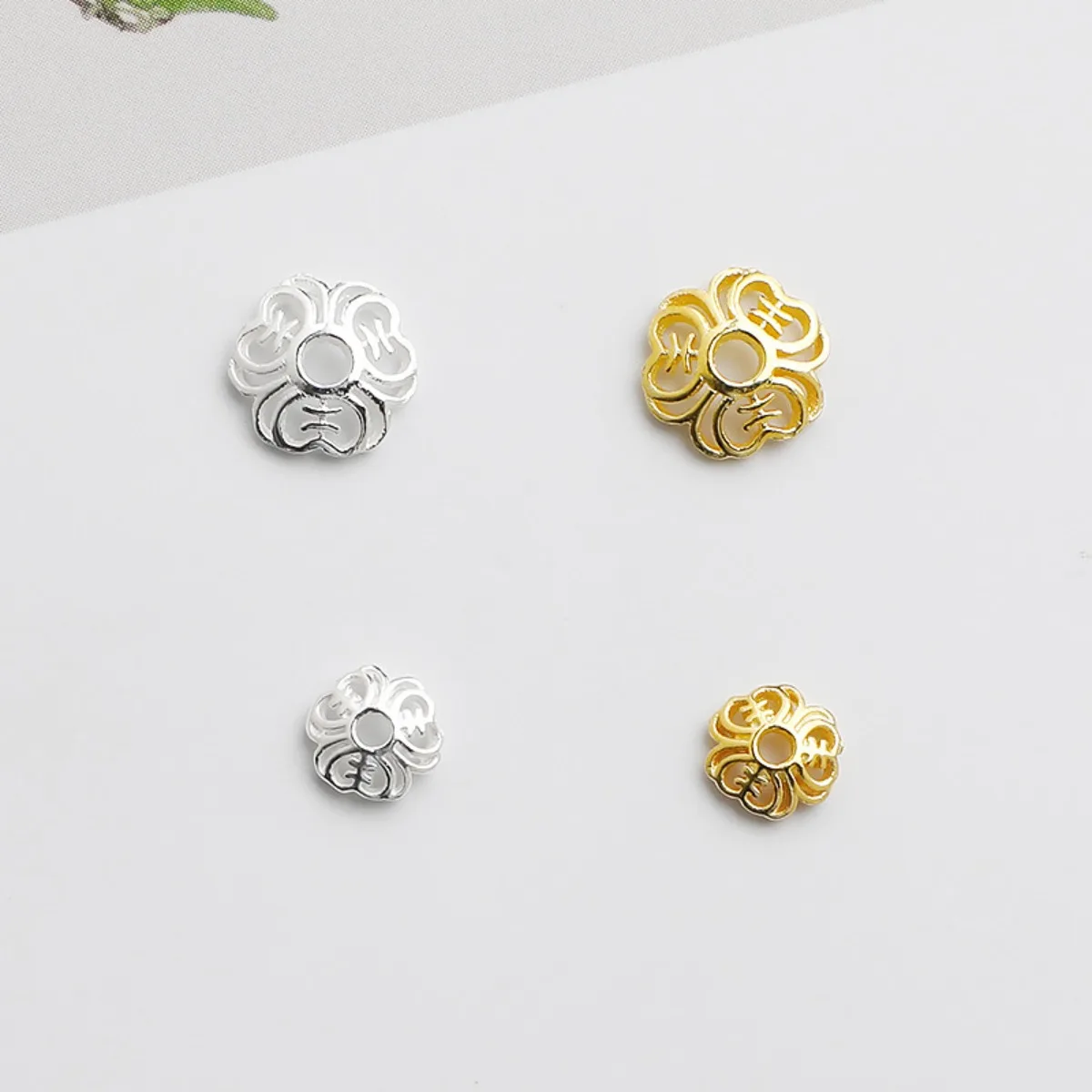 

6 pcs 925 Sterling Silver Gold Plated Openwork Flower Bead Caps Spacer Beads