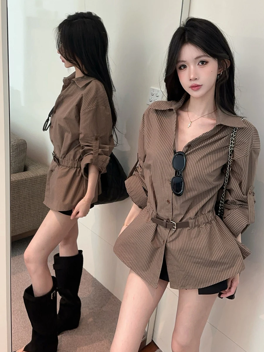 

Ретро-топ с длинным рукавом, воротником-стойкой, свободного кроя, стройнящий, в полоску, с завышенной талией, в стиле Pure Desire, модный, для молодых женщин