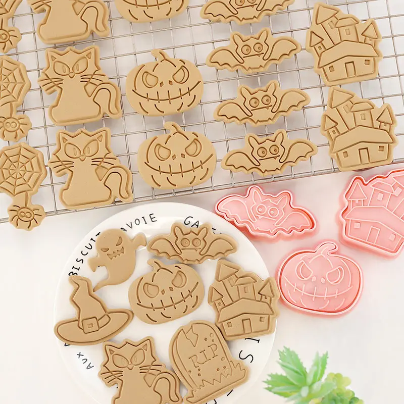 Halloween Baking Cookie Mold 8Pcs Black Cat Ghost Bat Witch Hat Pumpkin Tombstone Biscuit Cutter Stamp, Halloween Party Supplies