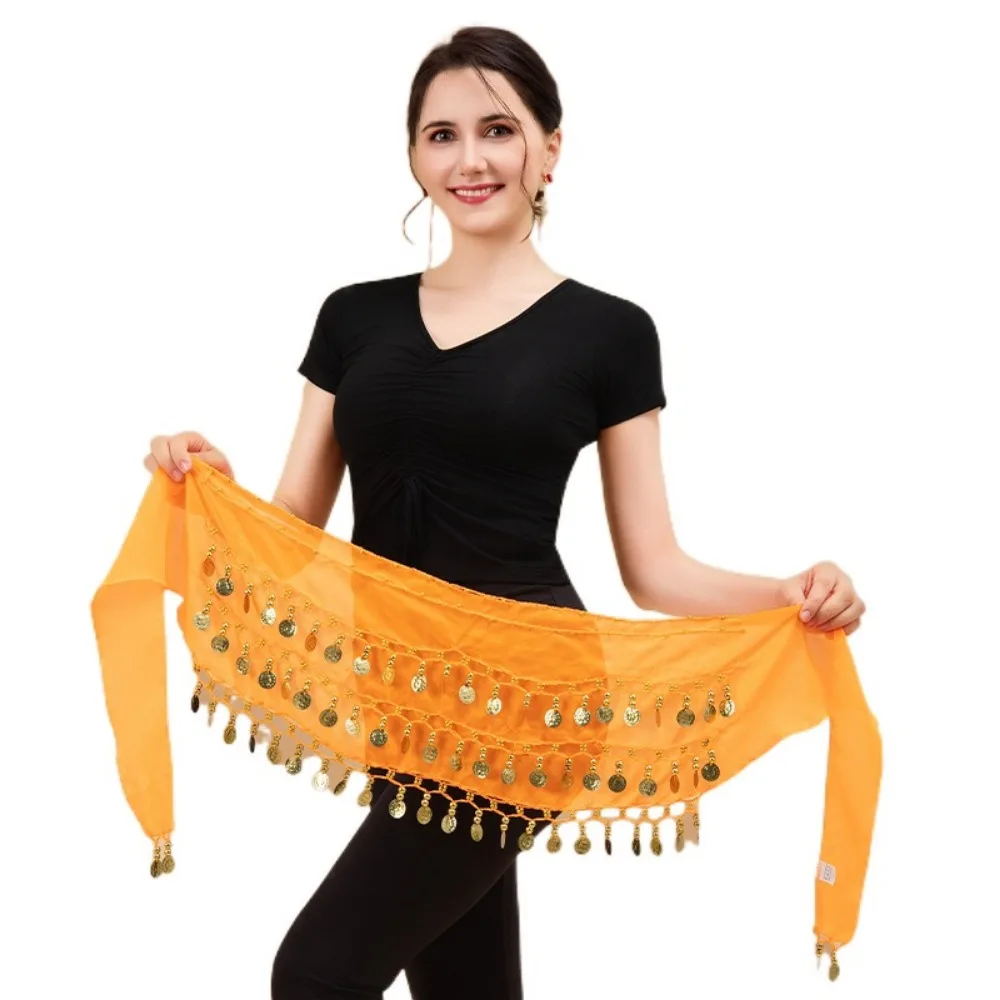 Goudkleurige munten Buikdans Heupsjaal Verstelbaar Chiffon Materiaal Heupsjaal Wrap Drie lagen Gemakkelijk te dragen Dansen Tailleriem