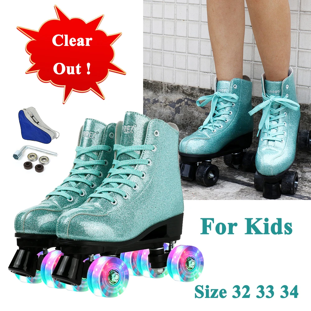 Size 32 33 34 Kids Flashing Quad Roller Skate Shoes Girls Leather Double Row Quad Sneakers Children Outdoor Skating Sport Skates