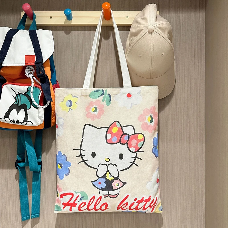 Cartoon Hello Kitty Canvas Bag Kawaii Sanrio Portable Handbag Large Capacity Women Shopping Bags Storage Bag