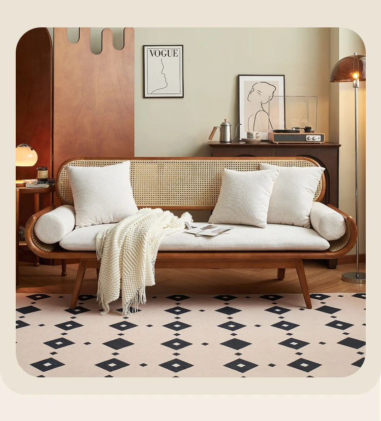

Nordic log retro rattan double sofa living room home leisure rattan chair three people small