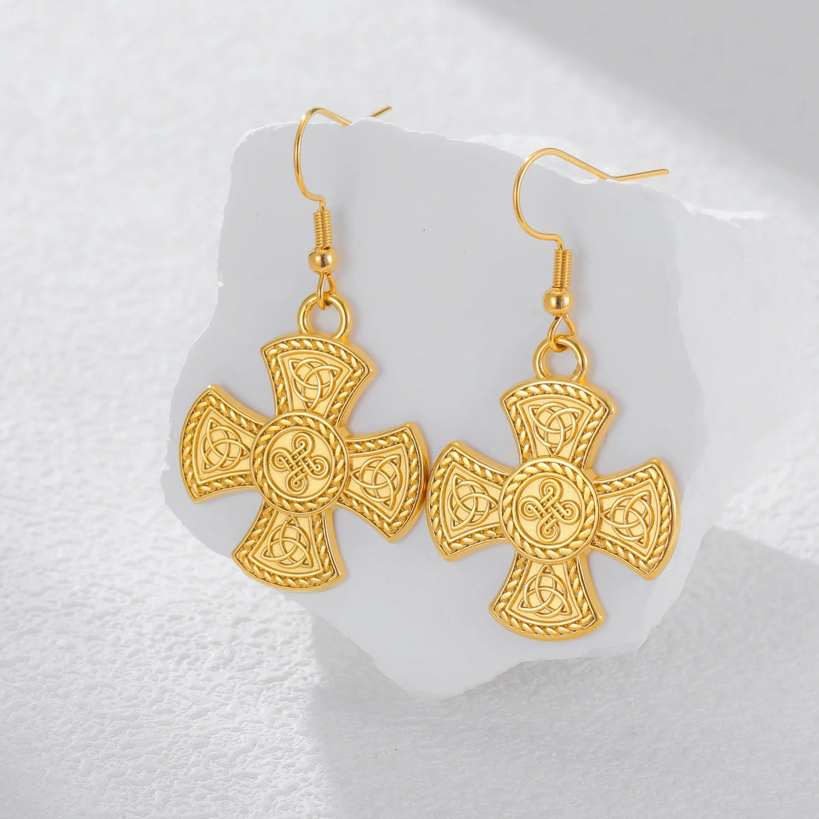 Four Arm Celtic Irish Knot Cross Drop Earrings Supernatural Amulet Gift For Women Men Gold Color Stainless Steel Party Jewelry - view 5