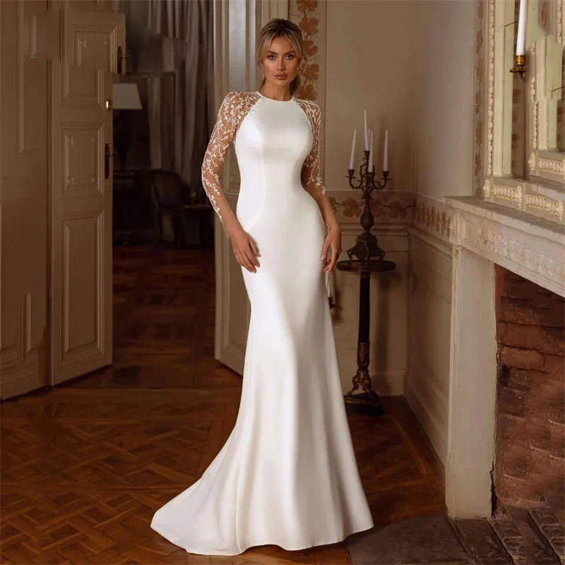 Women's wedding dresses High neck long sleeve slim Tea-Length dresses Suitable for Wedding Bridesmaid Banquet Holiday Birthday