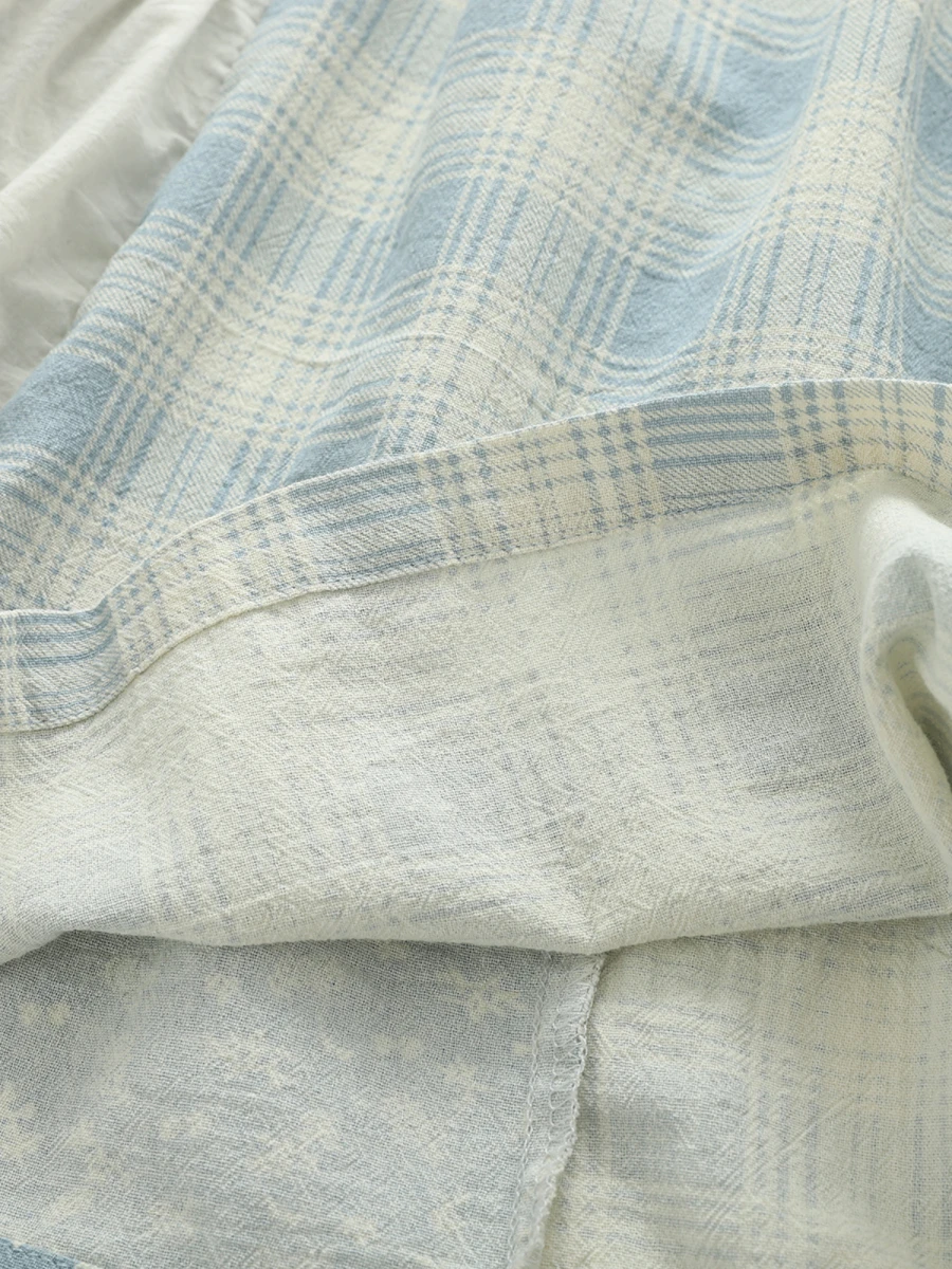 

Spring Summer Plaid Lace Splicing f Skirt Women's Artistic Sle A-Line Skirt Midi Length Cotton Material High Waist Elast...