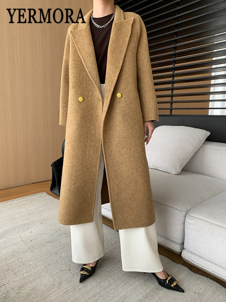 YERMORA Camel Buckle Brief Casual Warm Woolen Coat For Women Lapel Long Sleeve Loose New Overcoat Fashion Autumn Winter 2025