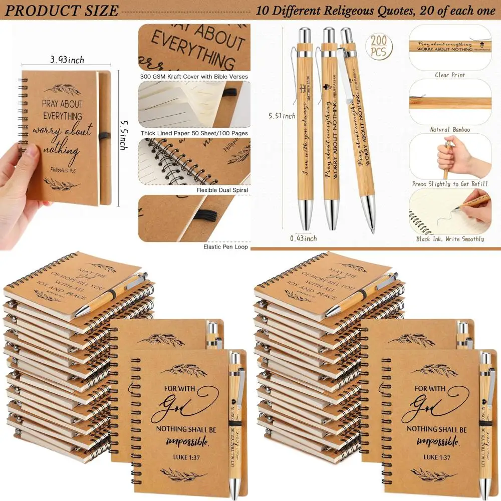 

Христианские подарки к Пасхе: 400 спиральных блокнотов и ручек с библейскими цитатами, 200 комплектов, идеально подходят для церкви, женщин, учителей, воскресных школ и