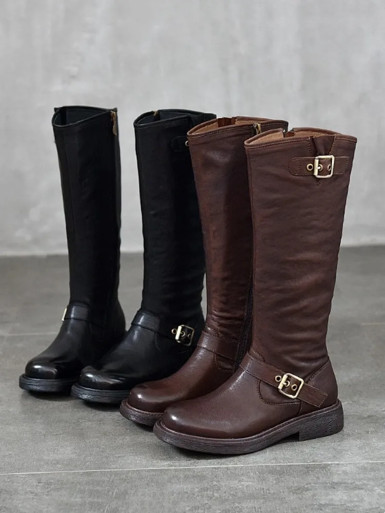 Autumn Winter Women Genuine Leather Long Boots British Style Ladies Motorcycle Shoes Zipper Warm Fleece Liner Retro Knight Boots