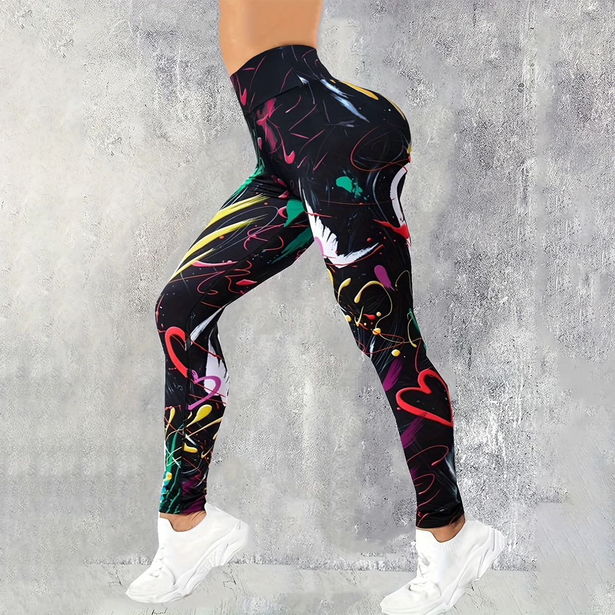 Colorful Doodle Print Yoga Pants Slimming Shape Enhancer Tummy Control Butt Lifting Four-Way Stretch Daily Sport Casual Wear