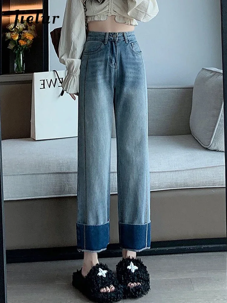 

Jielur Ins Cuffs Fashion Slim New Women Jeans Vintage Straight High Waist Casual Pockets Basic Female Wide Leg Pants Streetwear