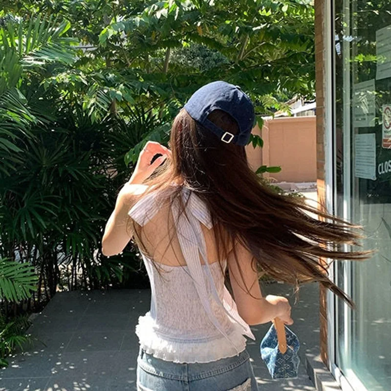 Chaleco coreano de retazos de encaje a rayas para mujer, Top con espalda descubierta y lazo de verano, estilo pijo Harajuku Chic, camisetas sin mangas sexis con diseño que combinan con todo