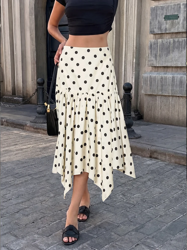 HH Elegant Summer Women Polka Dot Midi Skirt 2026 High Waist Irregular Hem Flowy Ruffle Skirt Beach Vacation Office Party Casual