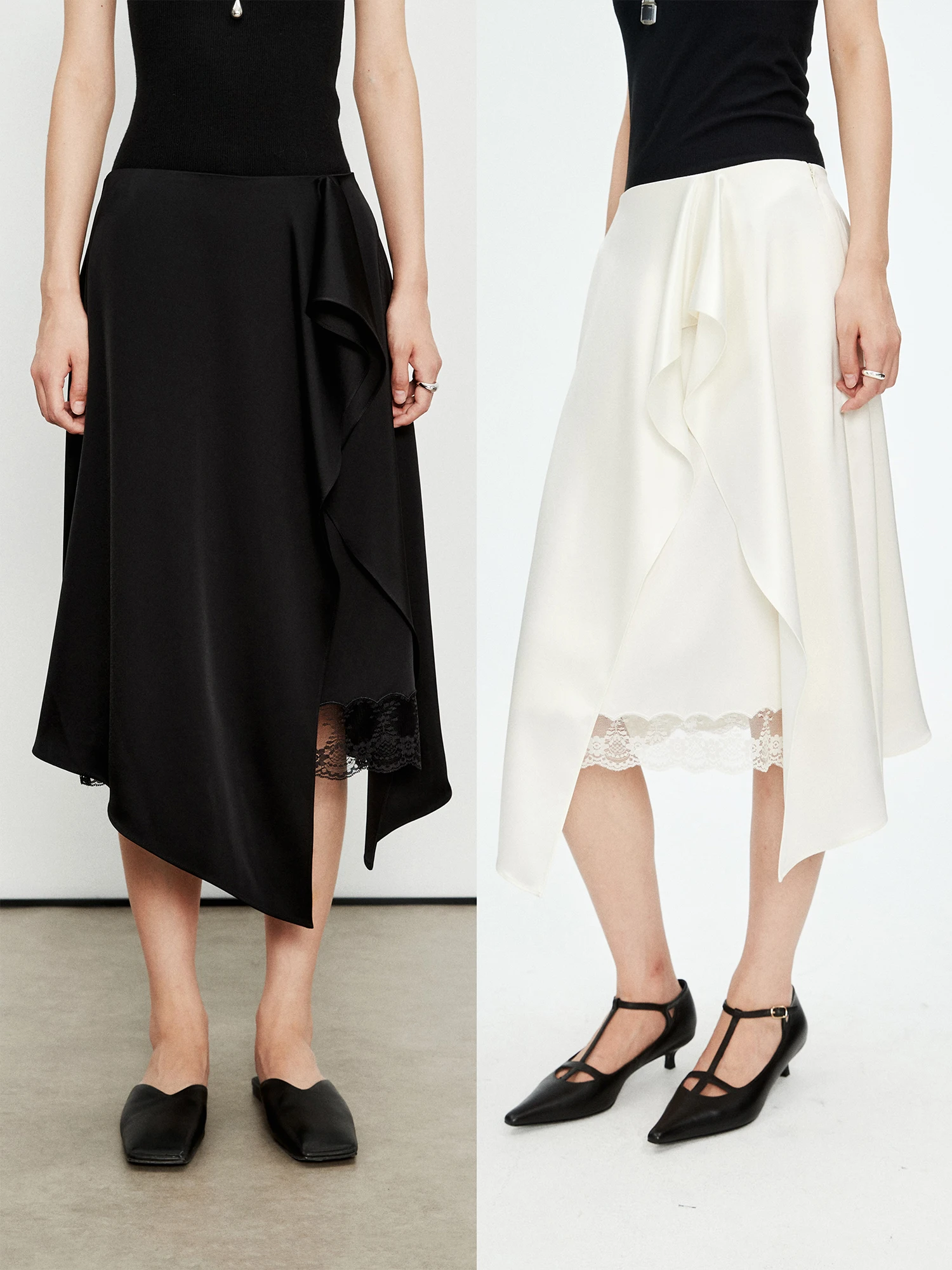 

Faionable Person Series Двусторонняя атласная ацетатная кружевная лоскутная асимметричная двухслойная юбка Повседневная подростковая...