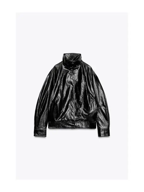 ロングスベパイロットジャケットアウターウェアジッパー開閉式kブルー秋用フリップカバーフェムレザーコート通勤用合成レザー...