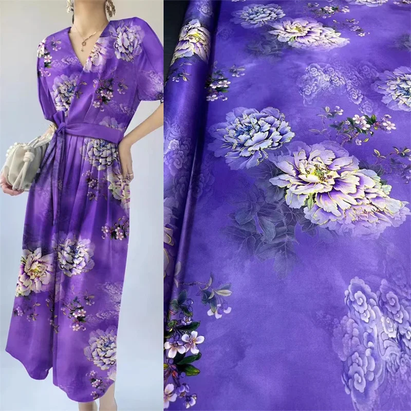 Purple Peony Print Heavyweight 19momme Elastic Satin Silk Fabric High Grade Qipao Dress Luxury Mulberry Silk Fabric Ventilate