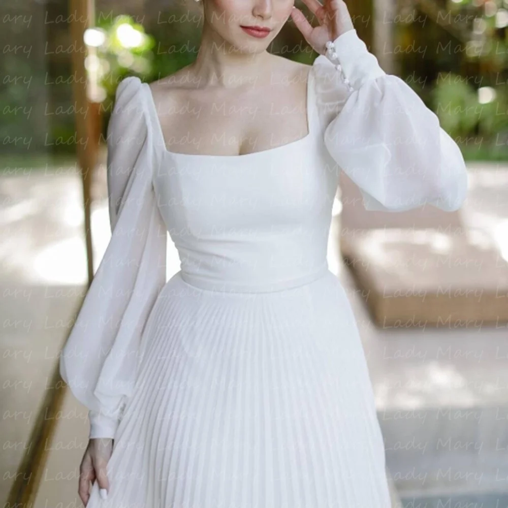 오프 화이트 쉬폰 웨딩 드레스, 푹신한 긴 소매 스퀘어 넥, 야외 신부 가운, 발목 스커트, 여름 해변 맞춤형 2025