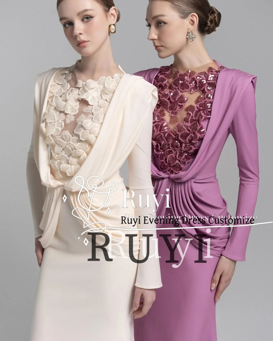 Personalizado mangas compridas lantejoulas flores vestidos de noite 2025 feminino plissados sereia elegante vestido de festa de casamento vestido de baile