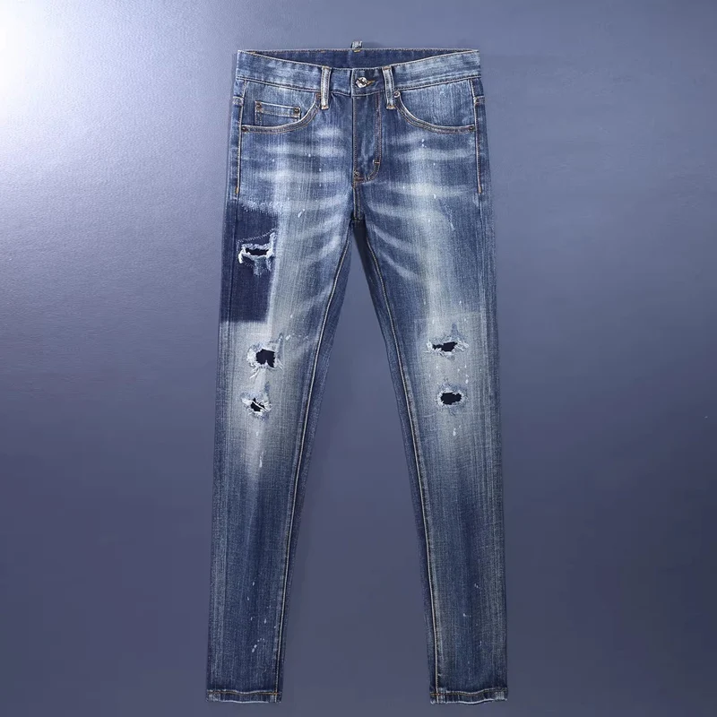 

Y2K High Street Designer Fashion Men Jeans Retro Washed Blue Stretch Slim Fit Ripped Jeans Men Brand Vintage Denim Pants
