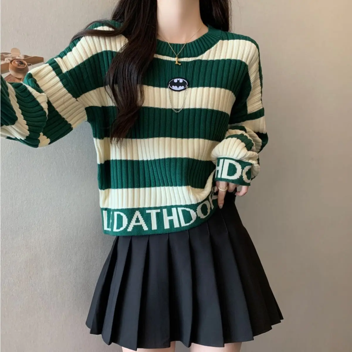 Knitted Sweater Autumn/winter New Plus Size Women's Fat Mm Lazy Style Super Good-looking Thick Striped European Goods Sweater