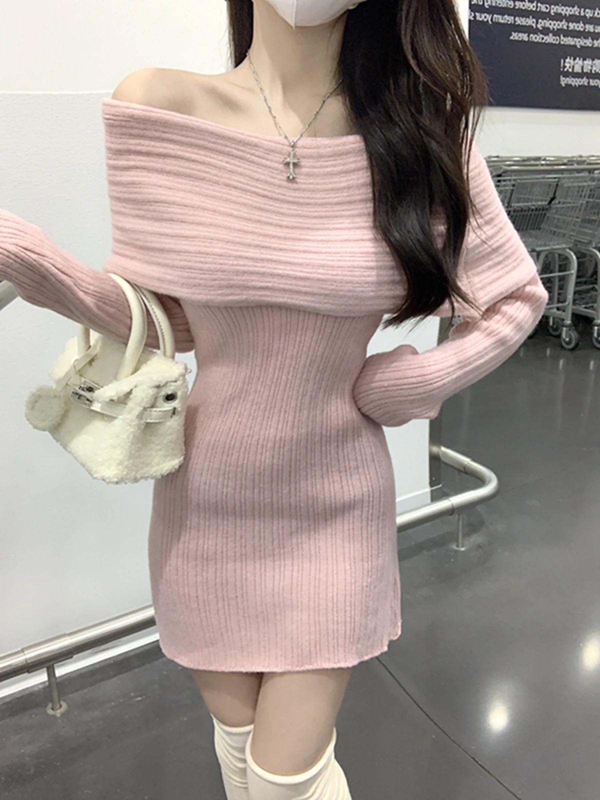 Women\'s Sweater Dress Off-Shoulder Knitted Mini Bodycon Dress Long Sleeve Knit Dress Solid Color Pullover Cocktail Party Pink