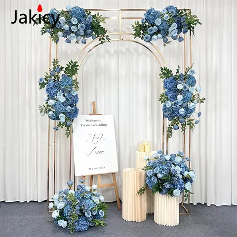 Romantic Hanging Flower Wedding Backdrop Arch Decor Blue Rose Green Leaves Floral Arrangement Stage Floor Row Event Supplies