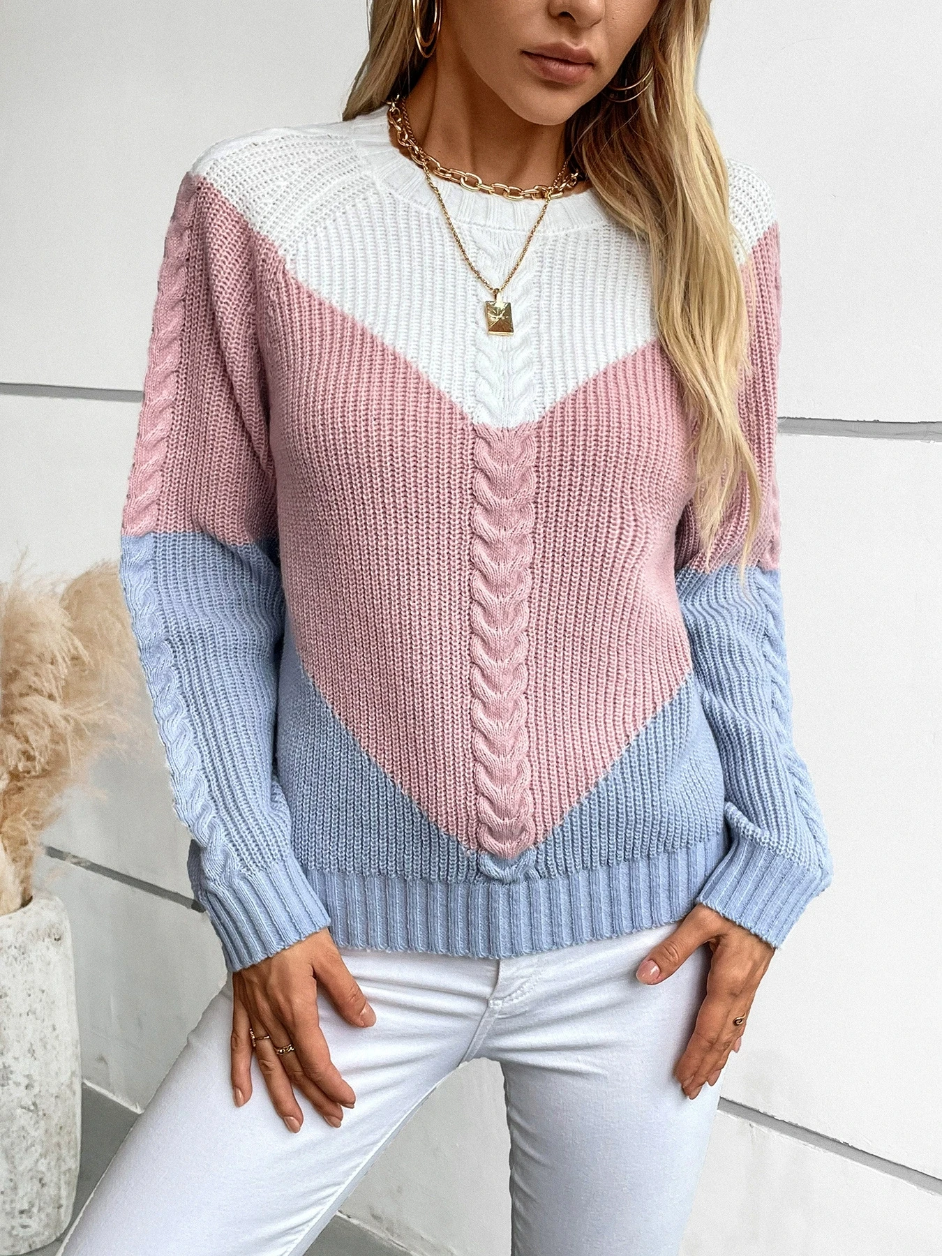 Color blocking twisted flower women's sweater autumn and winter retro loose European and American pullover knitted sweater top