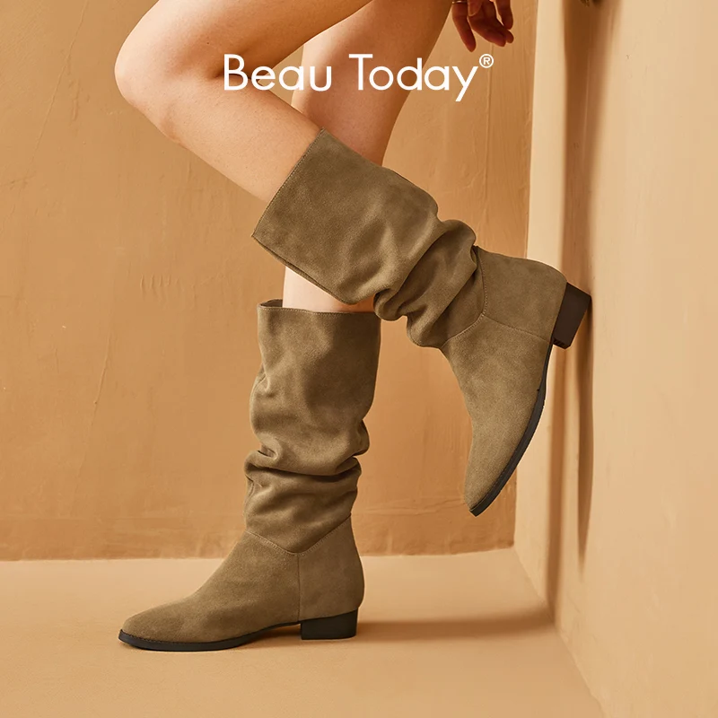 

BeauToday Knee-high Boots Women Pointed Toe Flats Cow Suede Solid Color Square Heel Casual Spring Autumn Female Shoes 02041