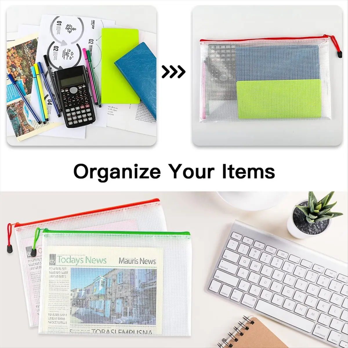 MALL 12Pcs A4 Zip Folders Mesh Zipper Pouch Document Bag, Plastic Zip File Folders, Letter Size/A4 Size for Office Supplies