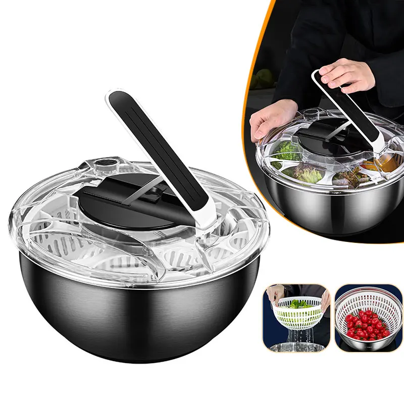 

Stainless Steel Vegetable Fruit Dryer Drainer Dehydrator Salad Spinner Clean Salad W Lid Bowl Colander Handheld Vegetable Washer