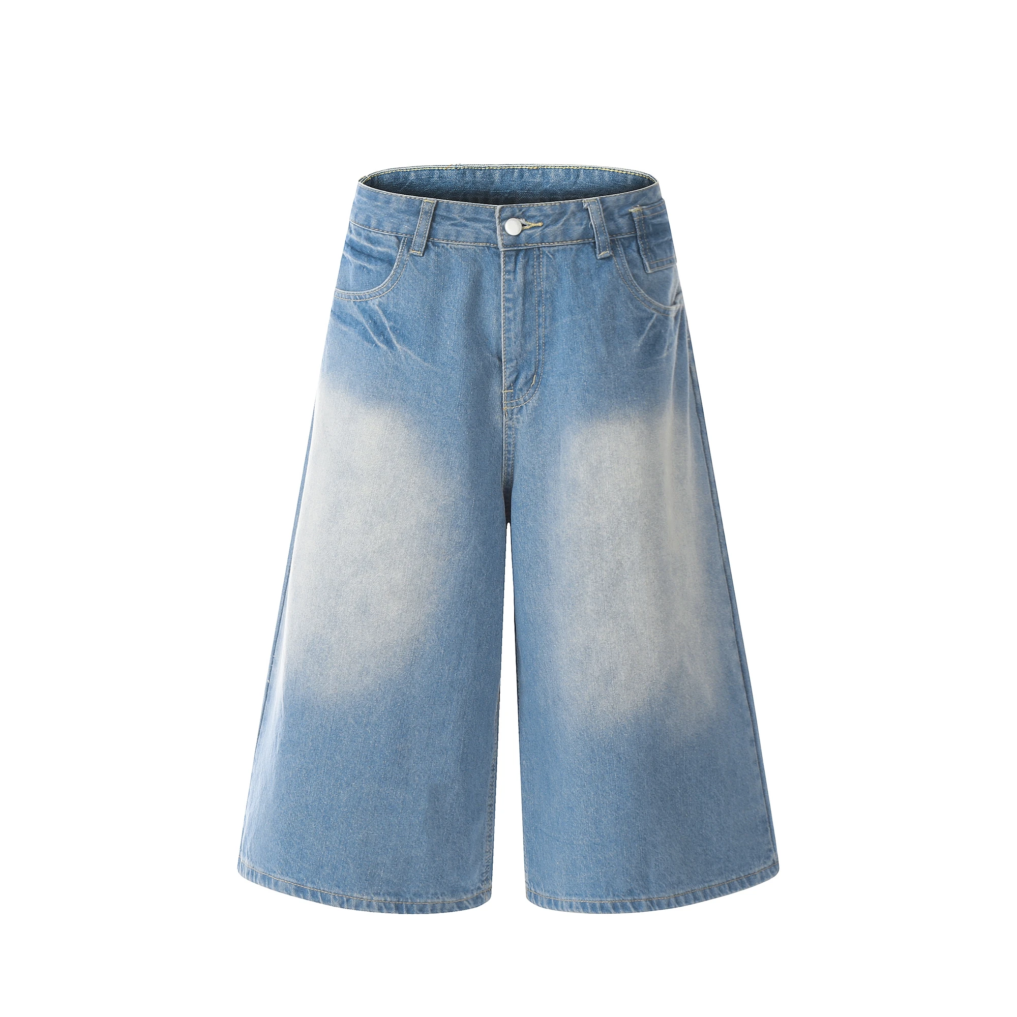 Blue Wash Jorts 2024 Men's Loose Wide-leg Cropped Pants Hip Hop Streetwear Calf-length Pants Men Y2k Jeans