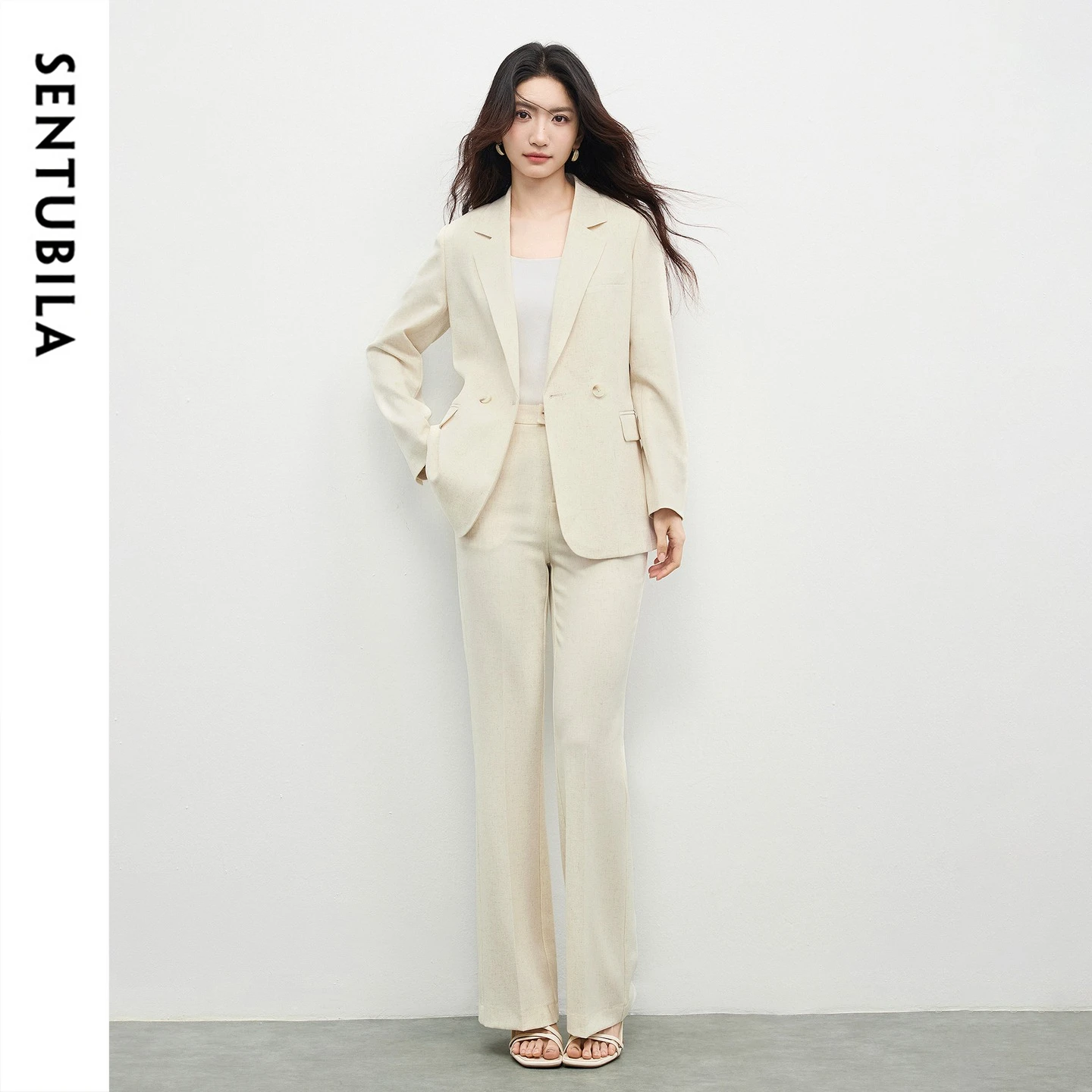 SENTUBILA Linen Blend Women's Blazer Suit Set Notched Lapel Blazer Flare Leg Pants 2026 Office Outfits Woman Clothes 161ZA4991