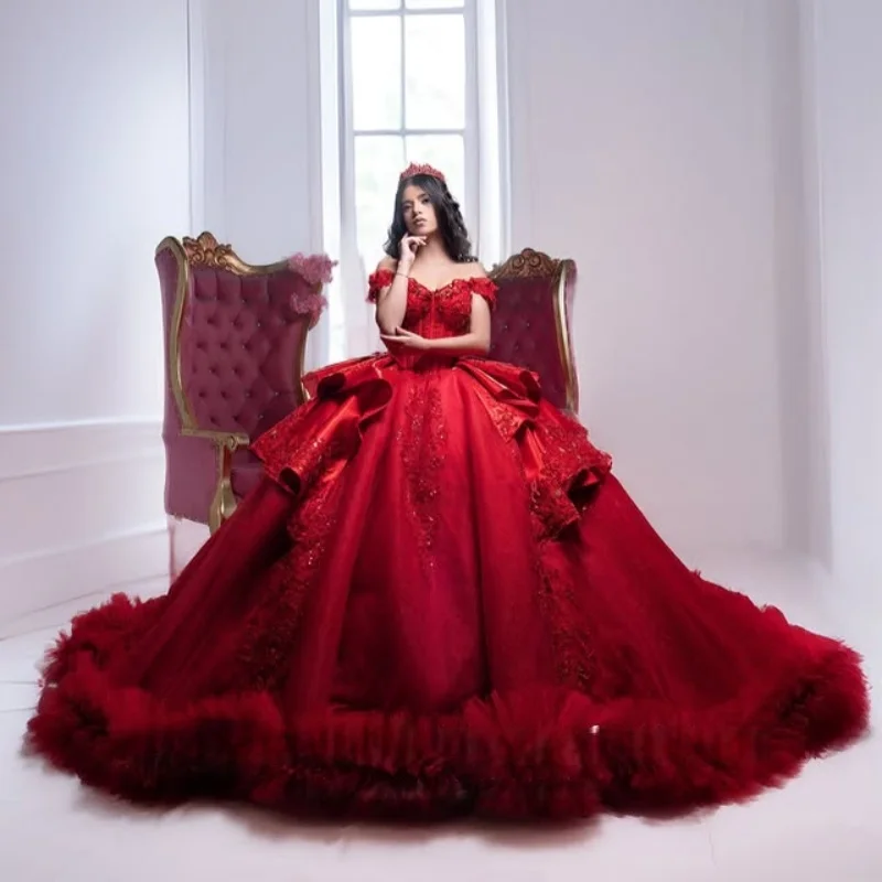 

Shiny Red Quinceanera Dress Golden Crystal Glitter Decal Lace layering Long tail Bow Vestidos De 15 Quinceanera ﻿Customize
