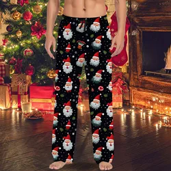 Print Santa Claus Christmas Pajama Pants Mens Casual Sleepwear Pants Drawstring Pockets Christmas Trousers Straight Bottom Pants