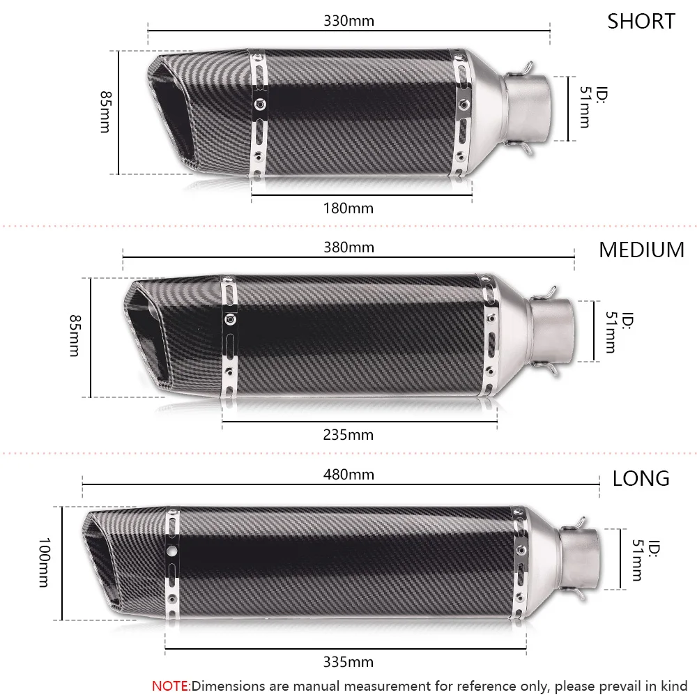 

Universal exhaust pipe, 51 mm diameter; system exhaust length: 330 mm, 380 mm, 480 mm; motorcycle exhaust