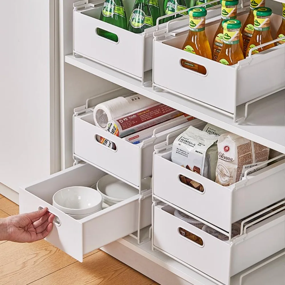 Estante de almacenamiento de cocina con rieles deslizantes, tipo cajonera extraíble, bandeja de almacenamiento, caja de especias, organizador de gabinetes
