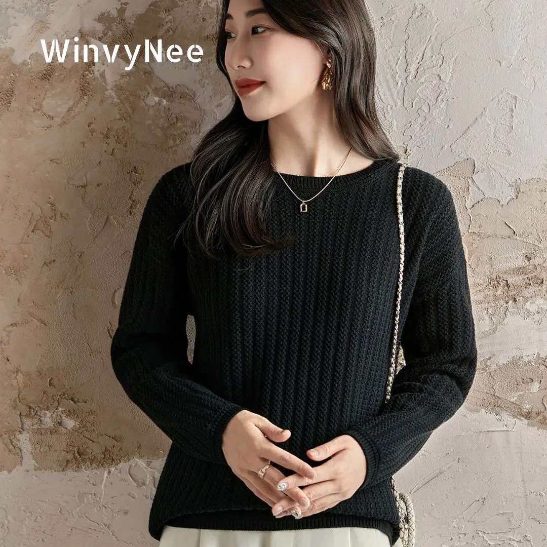 

WinvyNee Женский пуловер из 100% хлопка, мягкий, утолщенный, с узором «7-игольная цепочка», классический, уютный, повседневный трикотаж с круглым вырезом A1092043