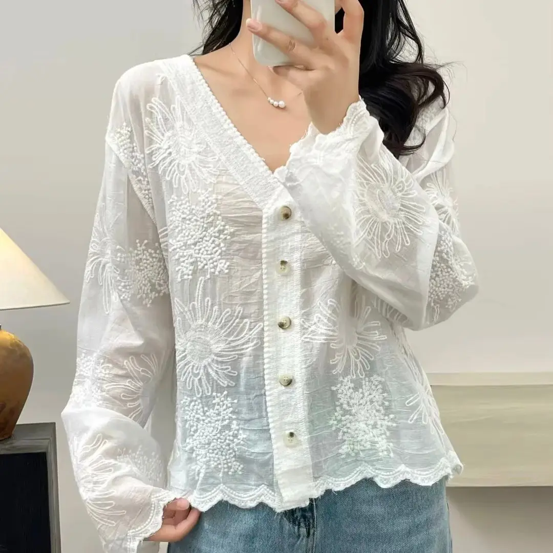 

Bohemian womens tops and blouses female autumn spring Japan style v neck long sleeve embroidery solid shirt lace cardigan