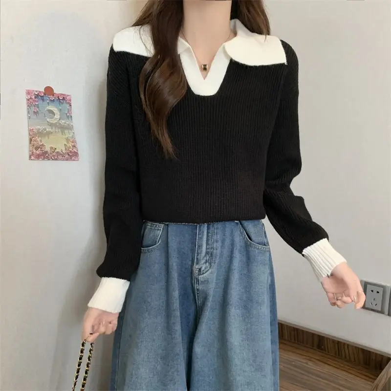 Contrasting Colors Polo-Neck Knitwear Women Autumn Winter Loose Red Long Sleeve Sweater Casual All-match Trend Knitting Tops